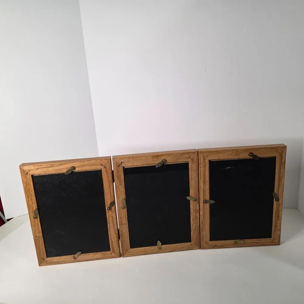 Vintage Triple Hinged Wood Picture Frame Folding 3 Photo Tabletop Display